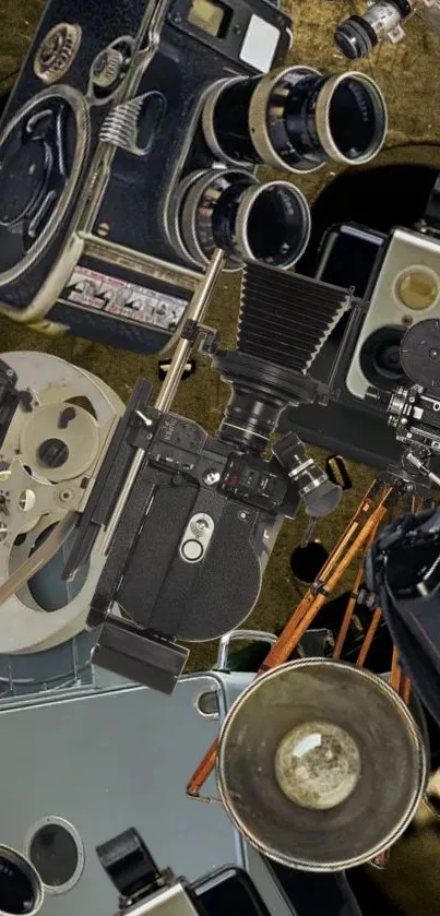 Collage of vintage cameras and film reels in retro design.