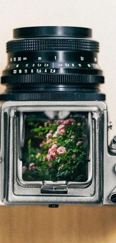 Vintage camera displaying pink flowers through lens.