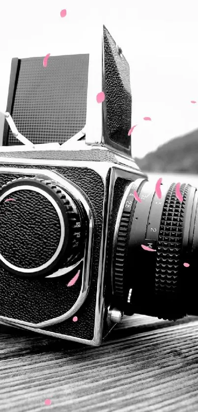 Vintage camera with pink cherry blossom petals.