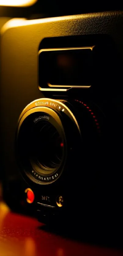 Vintage camera in warm light with dark background, showcasing detailed design.