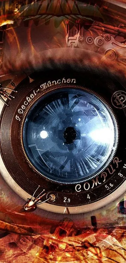 Vintage camera lens artwork on a mobile wallpaper background.