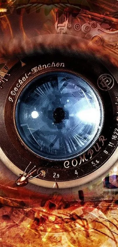 Vintage camera lens with metallic art details and a blue center on wallpaper.