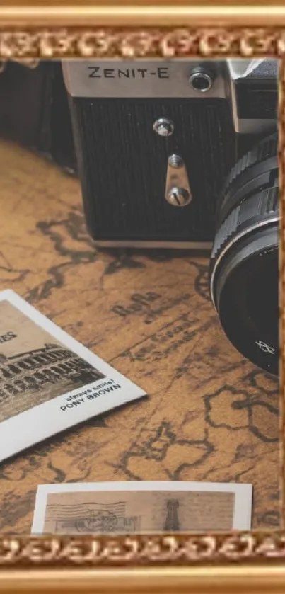 Vintage camera and map mobile wallpaper with a sepia tone.