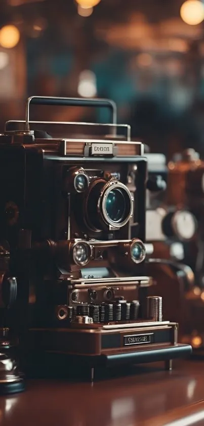 Vintage camera with dark cyan and brown tones in stylish wallpaper.