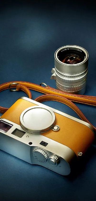 Vintage camera and lens on a blue backdrop, perfect for mobile wallpaper.