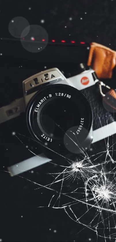 Vintage camera on a dark background for a stylish phone wallpaper.