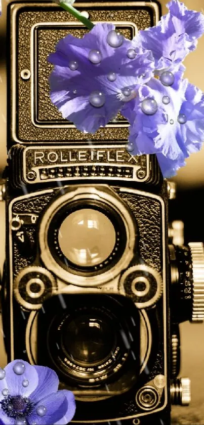 Vintage camera adorned with vibrant purple flowers on a sepia background.