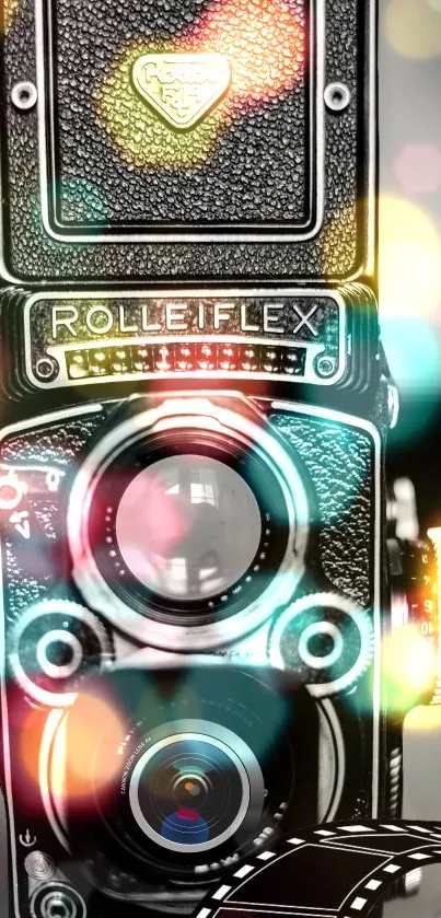 Vintage Rolleiflex camera with colorful bokeh lights.