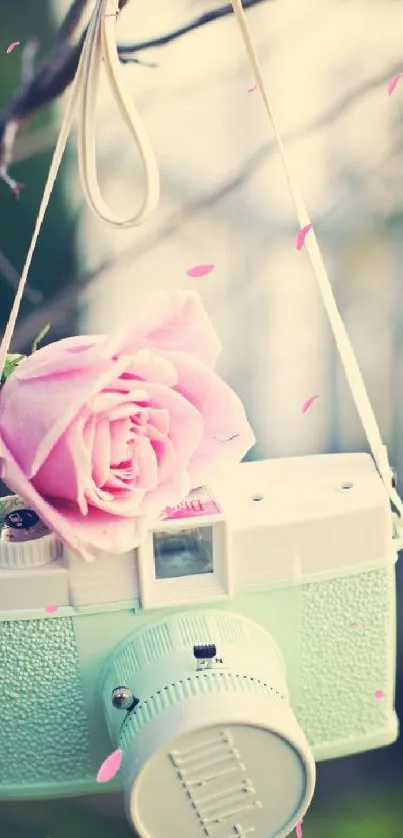 A pastel green vintage camera with a pink rose, ideal as a mobile wallpaper.