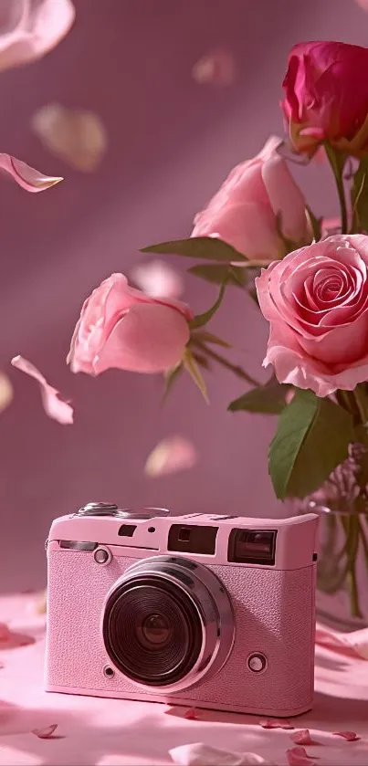 Vintage camera with pink roses and petals on pink background.