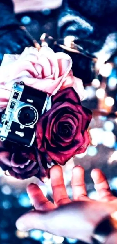 Elegant vintage camera with roses surrounded by bokeh lights.