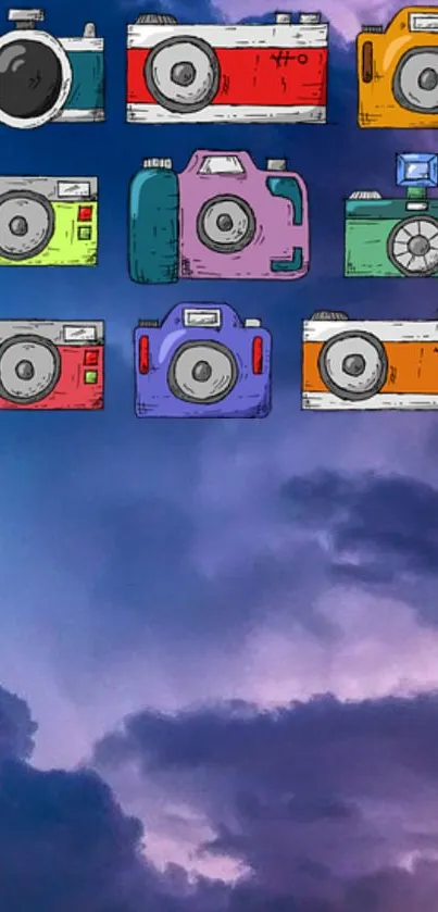 Colorful vintage cameras on a purple cloudy sky background wallpaper.