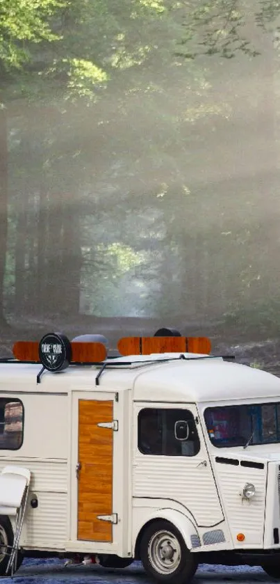 Vintage camper van in a sunlit forest setting, evoking peaceful travel vibes.