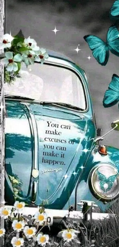 Vintage teal car with butterflies and quote.