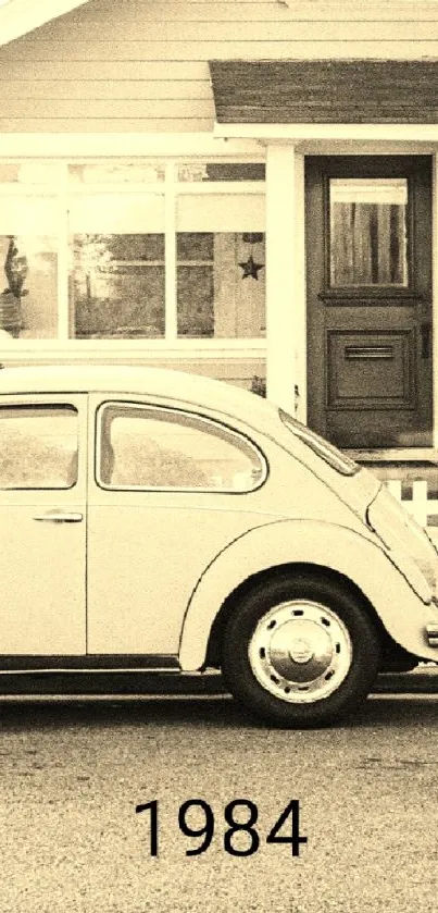 Vintage car in front of house with retro filter effect.