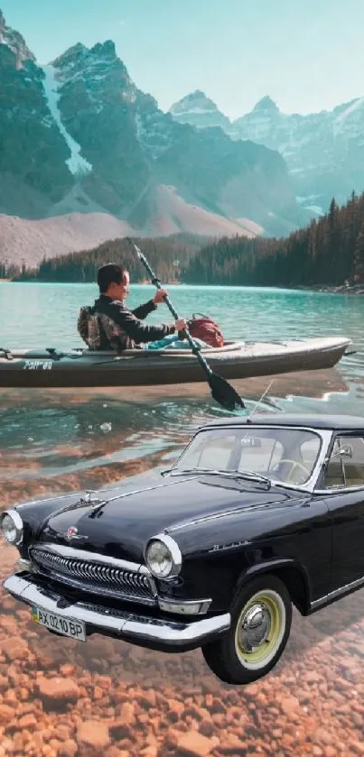 Kayaker and vintage car by a teal mountain lake.