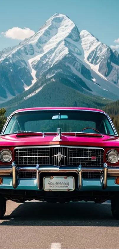 Vintage car with majestic mountain backdrop in vibrant scenery.