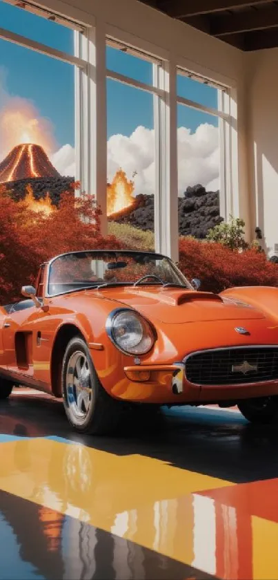 Vibrant orange vintage car with volcano eruption in background.