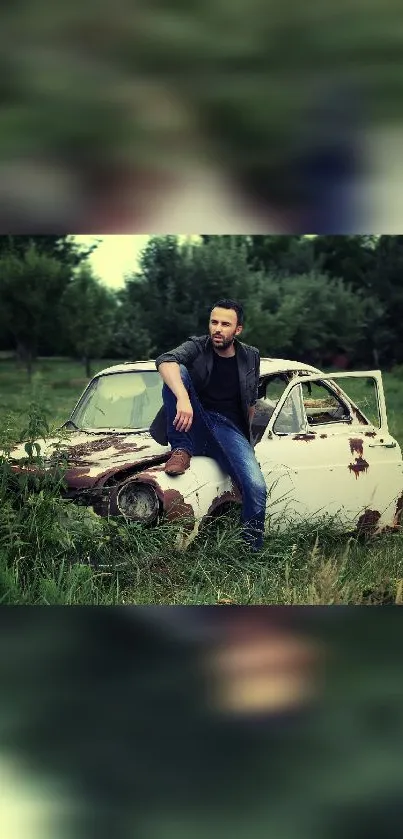 Man sitting on a rustic vintage car in a lush green field.