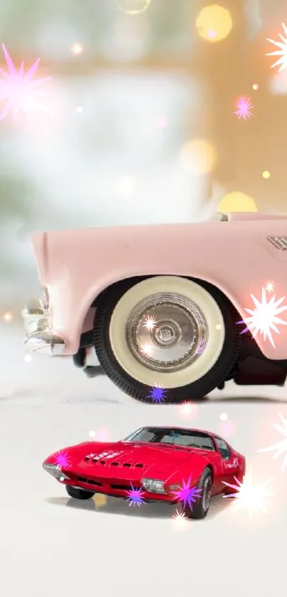 Vintage pink car with bokeh lights background for mobile wallpaper.