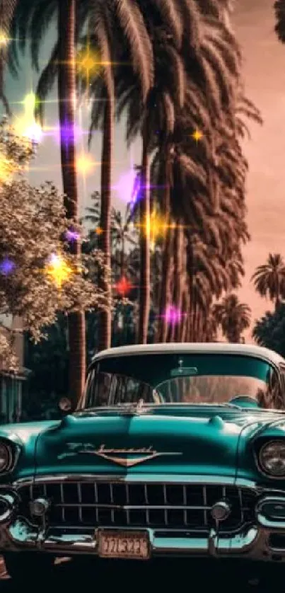 Vintage car with palm trees background.