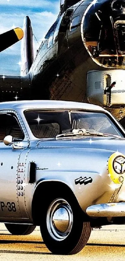 Vintage car parked in front of a classic aircraft.