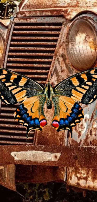 Colorful butterfly on rustic vintage car front.