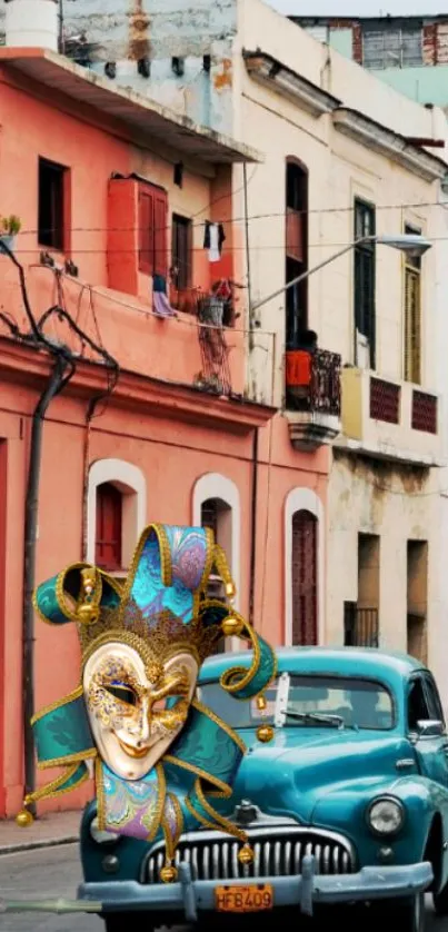 Vintage car with carnival mask on colorful street.