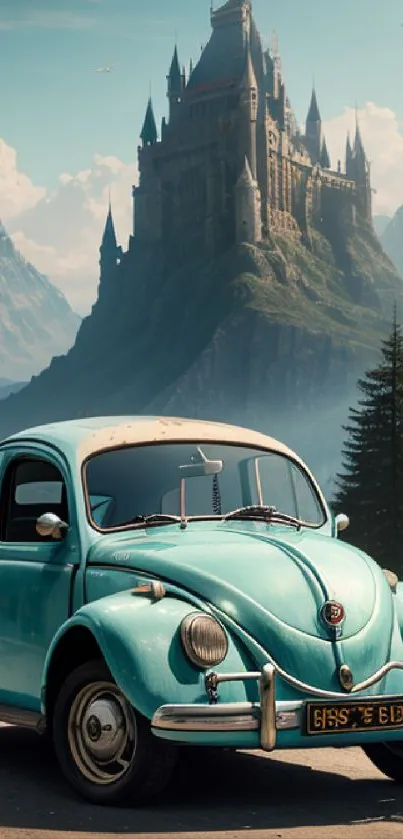 Vintage car with a scenic castle in the background, under a bright sky.