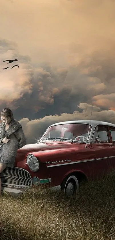 Dramatic sky and vintage car with birds, scenic mobile wallpaper.