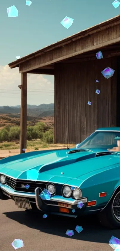 Vintage blue car with floating crystals on a scenic road.