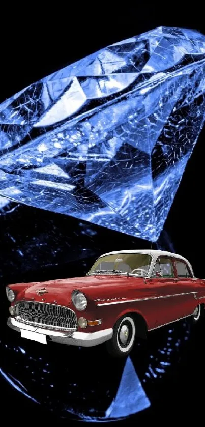 Vintage car with blue diamond on black background.