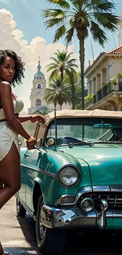 Elegant woman stands by vintage turquoise car on city street.