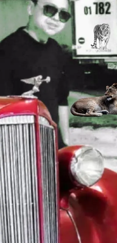 Vintage red car with lion on hood wallpaper.