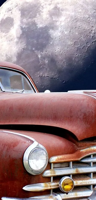 Vintage car with a large moon backdrop, perfect for mobile wallpaper.