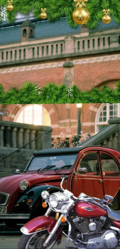 Red vintage car and motorbike with festive decorations.