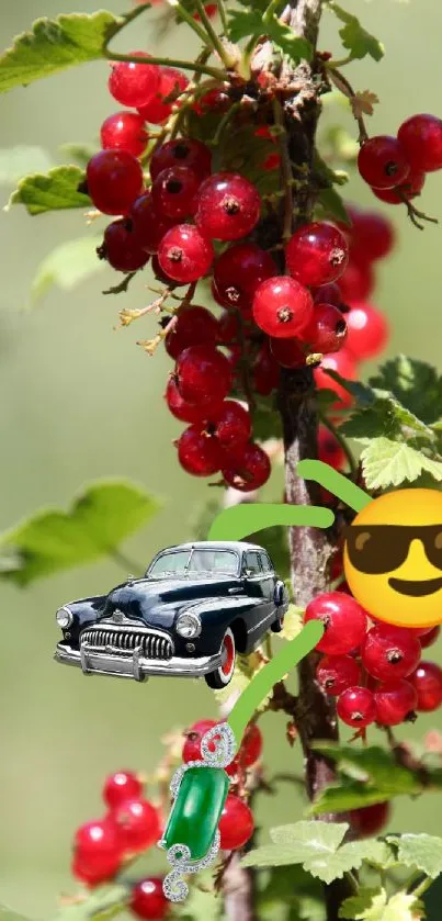 Playful vintage car with berries on a green background.