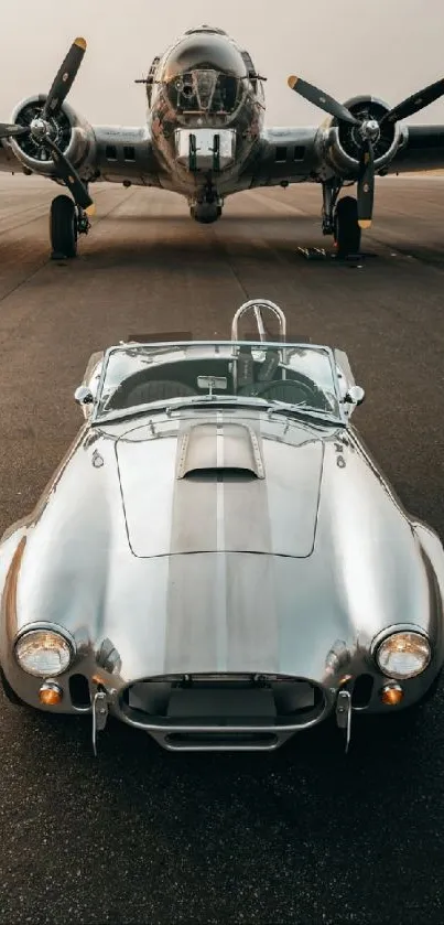 Vintage car with a classic airplane on the runway.