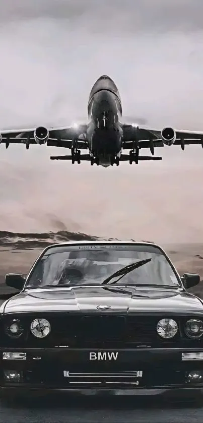 Vintage BMW car with airplane overhead in dramatic sky background.