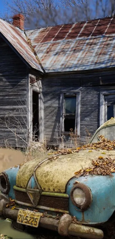 Vintage car beside rustic wooden house with autumn leaves.