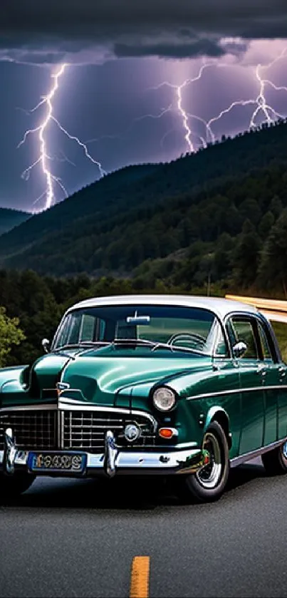 Vintage green car on a road with a lightning storm in the background.