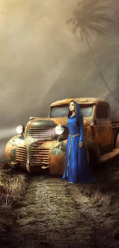 A woman in blue stands by an old car in a misty, vintage scene.