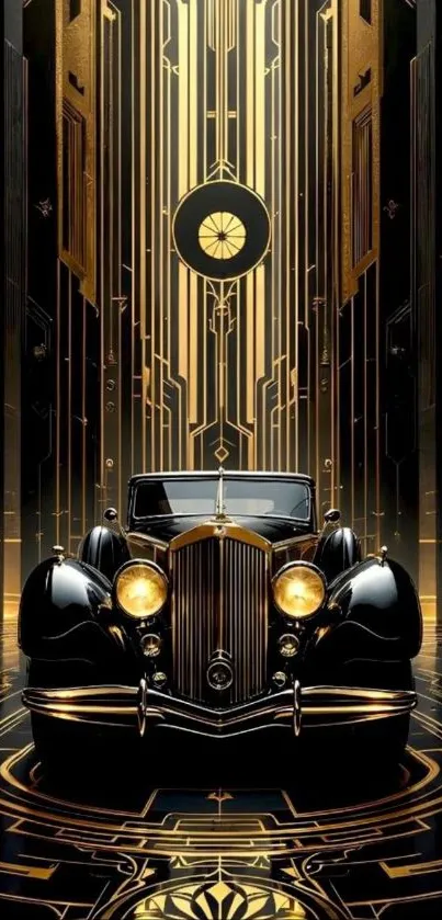 Art Deco vintage car with geometric background.