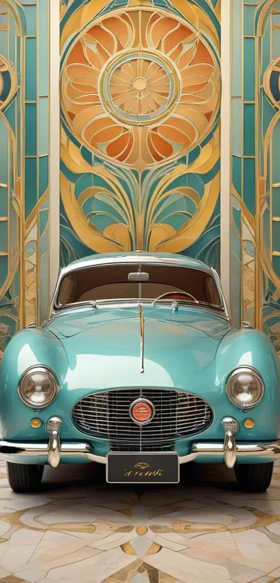 Vintage car with Art Deco background in turquoise tones.