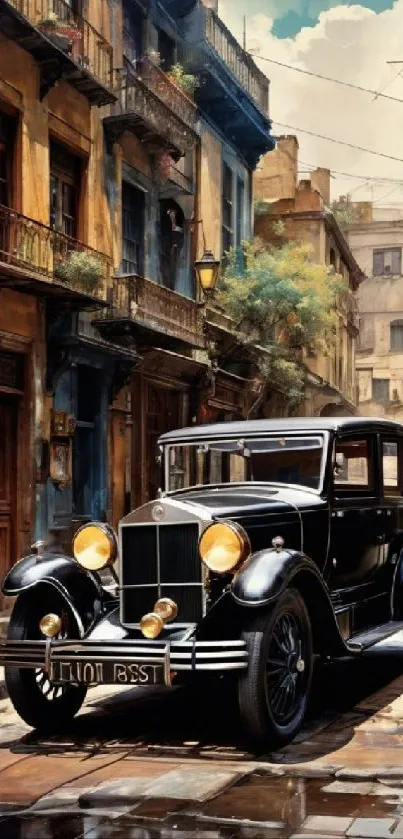 Vintage car parked on a historic street, capturing a nostalgic ambiance.