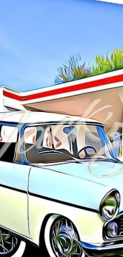 Stylized vintage car at a retro gas station under a blue sky.