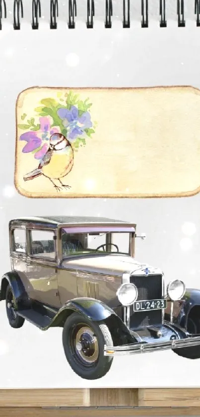 Mobile wallpaper featuring a vintage car illustration on a notebook with plants.