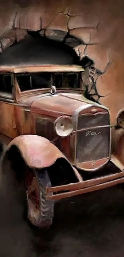 Vintage car breaking through wall artwork, earthy tones.