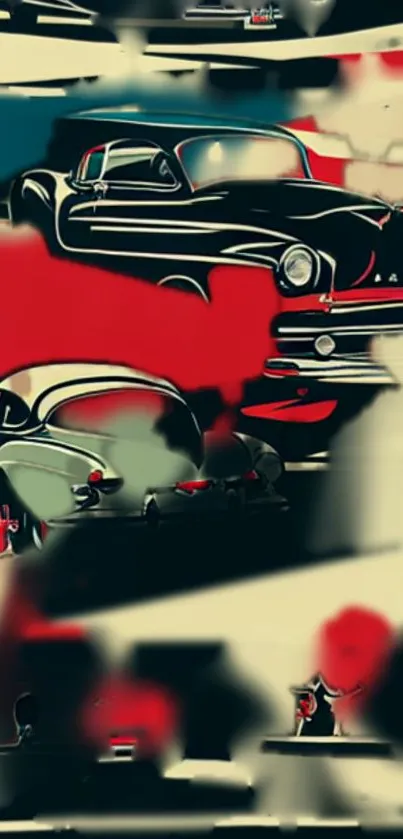 Vintage cars in bold red and black artistic theme wallpaper.