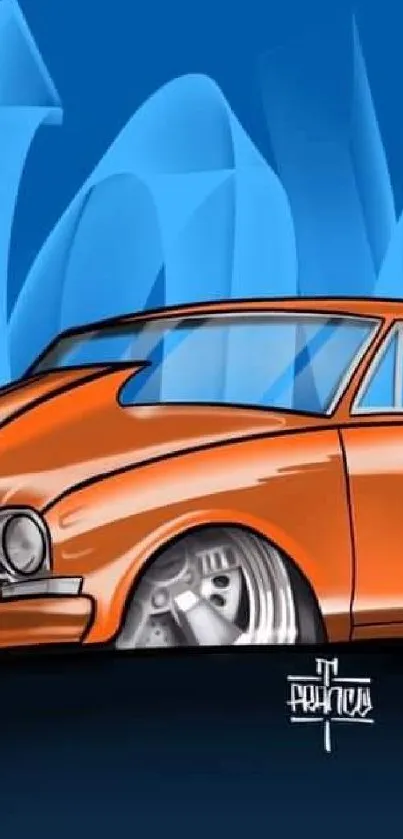 Vintage orange car on a blue background, digital art wallpaper.